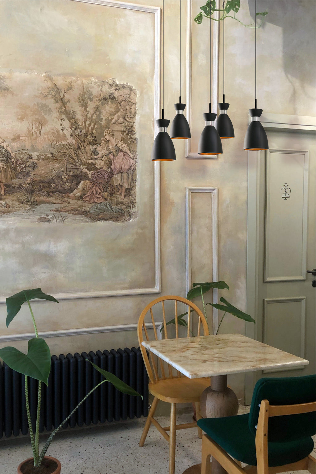 Lámpara colgante retro 5L negro y cobre FARO 20050-5L en ambiente interior vintage, luminaria suspensión de acero para iluminación residencial