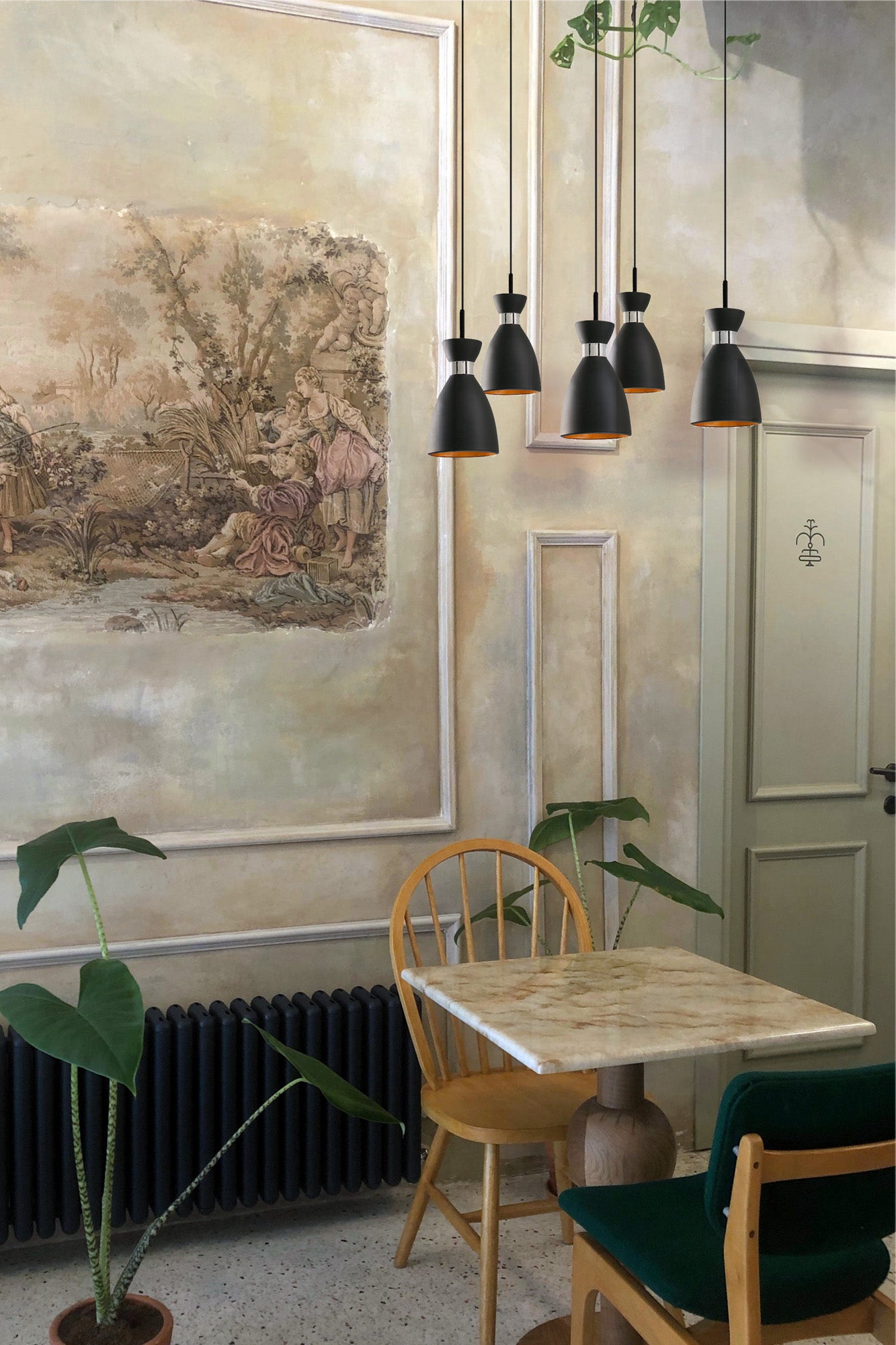 Lámpara colgante retro 5L negro y cobre FARO 20050-5L en ambiente interior vintage, luminaria suspensión de acero para iluminación residencial