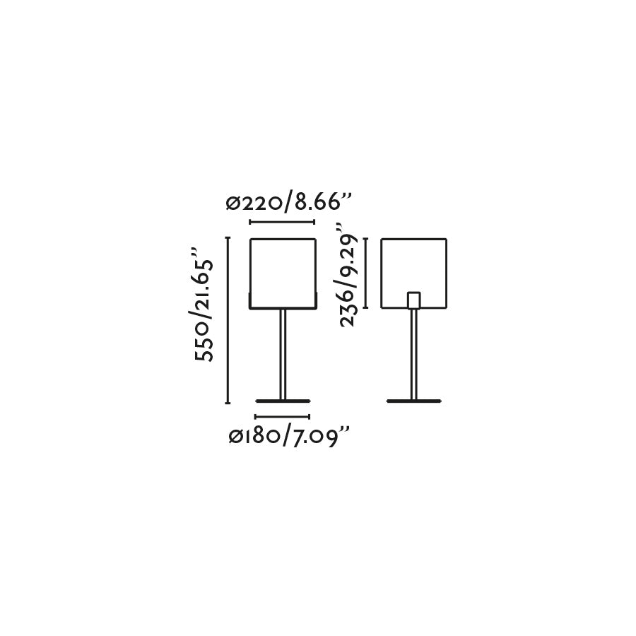 Diagrama de medidas de la lámpara de sobremesa NILA en negro y blanco roto de FARO modelo 20054, dimensiones en acero y textil para luminaria interior en hogar u oficina, colección 2015