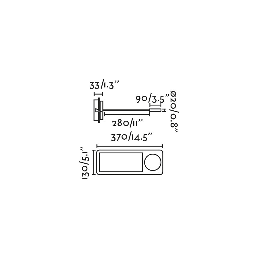 Diagrama de medidas del aplique de pared MOOD negro con lector FARO 20063, luminaria LED de diseño nórdico para interiores residenciales y hoteles
