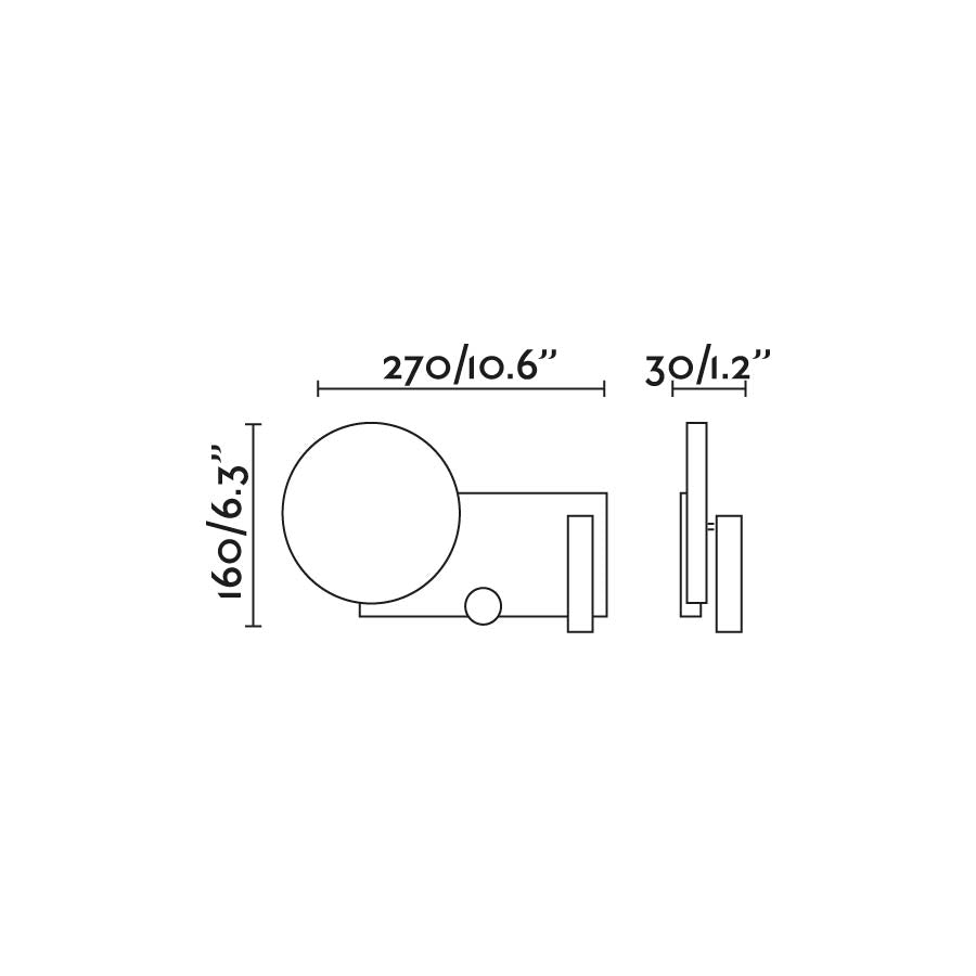 Diagrama de dimensiones y medidas de la luminaria de pared aplique KLEE izquierda gris texturizado lector FARO modelo 20066, luz orientable regulable en acero y PMMA opal para interior