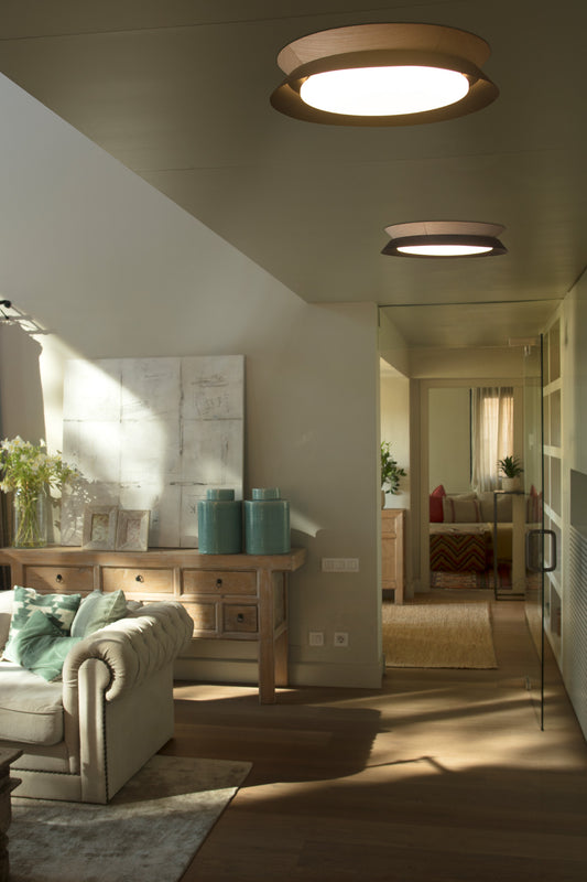 Imagen de ambiente: Plafon LED TENDER Negra de FARO (modelo 20094), luminaria de superficie en acero y madera con diseño contemporáneo, luz cálida LED 3000K para iluminación interior del hogar.