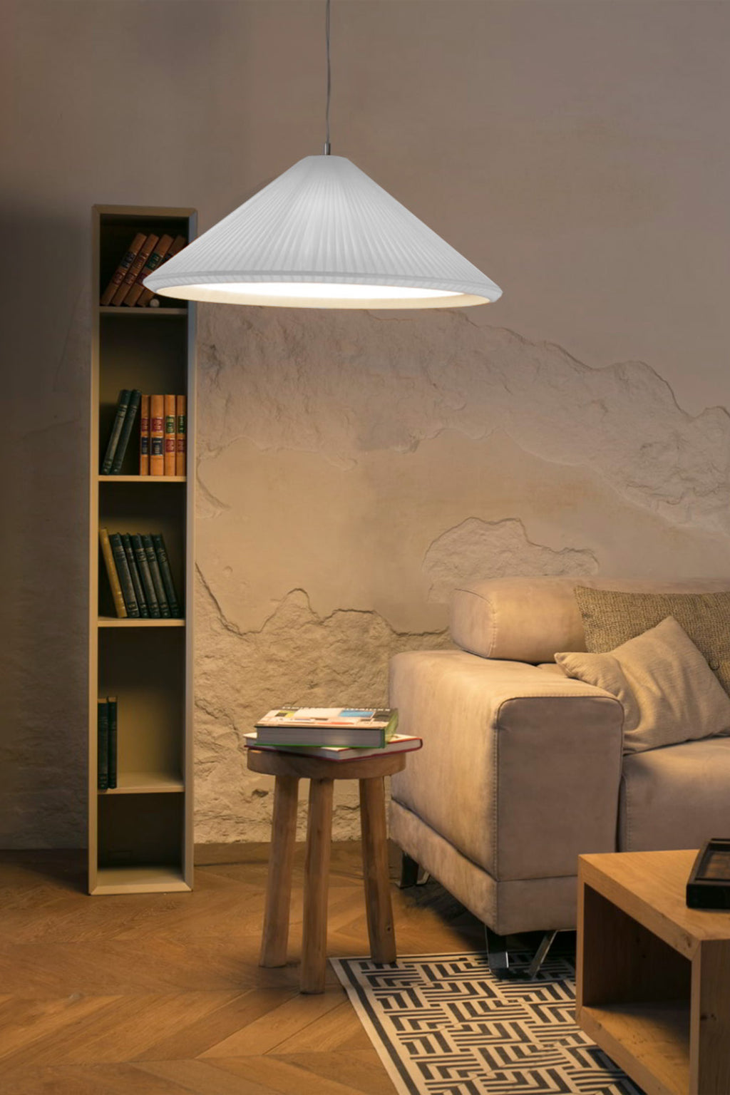 Lámpara colgante SAIGON IN 700 en blanco natural de FARO, en ambiente interior residencial con estructura de acero, cinta textil y pantalla de papiro - Luminaria suspensión 20117