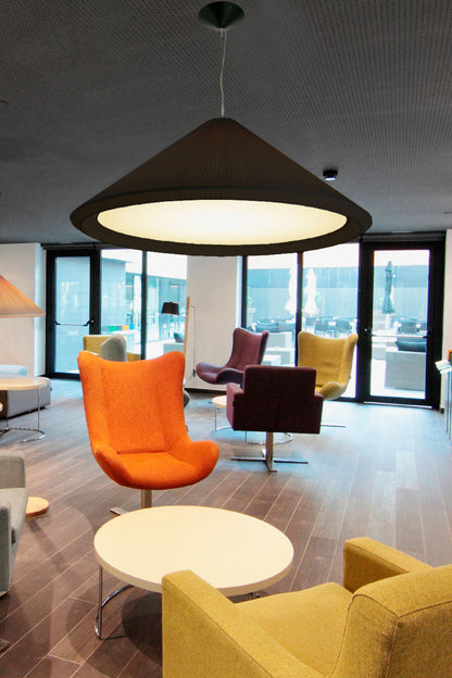 Luminaria colgante SAIGON IN 1300 negra de FARO en ambiente interior residencial, iluminación suspendida con estructura de acero, cinta textil y papiro, ideal para hoteles y hogares - Colección 7158, ref. 20127