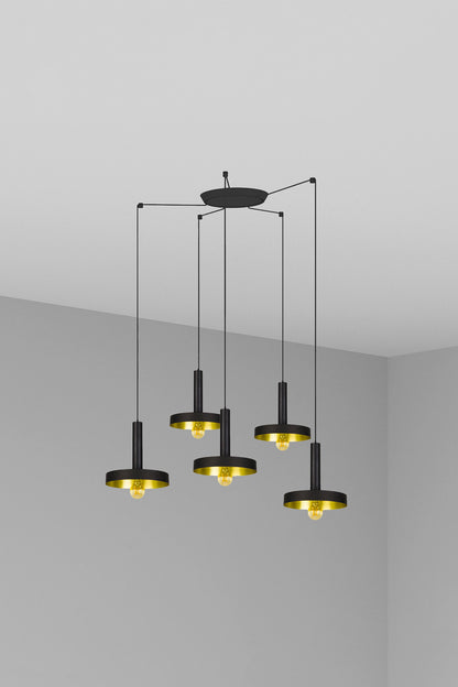 Luminaria colgante WHIZZ 5L negra y oro de FARO, modelo 20160-5L, diseño moderno de suspensión interior en acero con 5 luces E27 LED para hogar contemporáneo, colección 2016