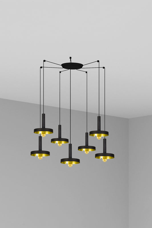 Luminaria de suspensión WHIZZ 7L negra y oro, diseño moderno colgante de acero FARO para iluminación interior, modelo 20160-7L