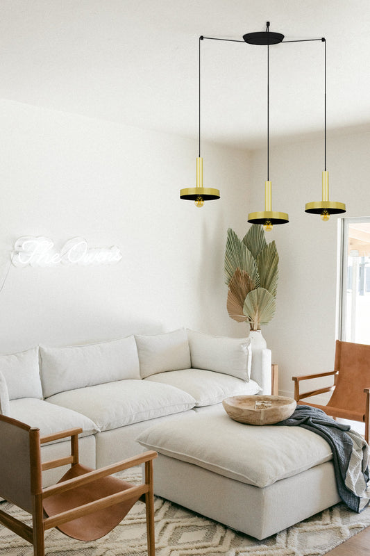 Luminaria colgante WHIZZ 3L oro satinado y negro de FARO, diseño moderno en acero para iluminación interior, vista ambiente en hogar u oficina - Colección 2016