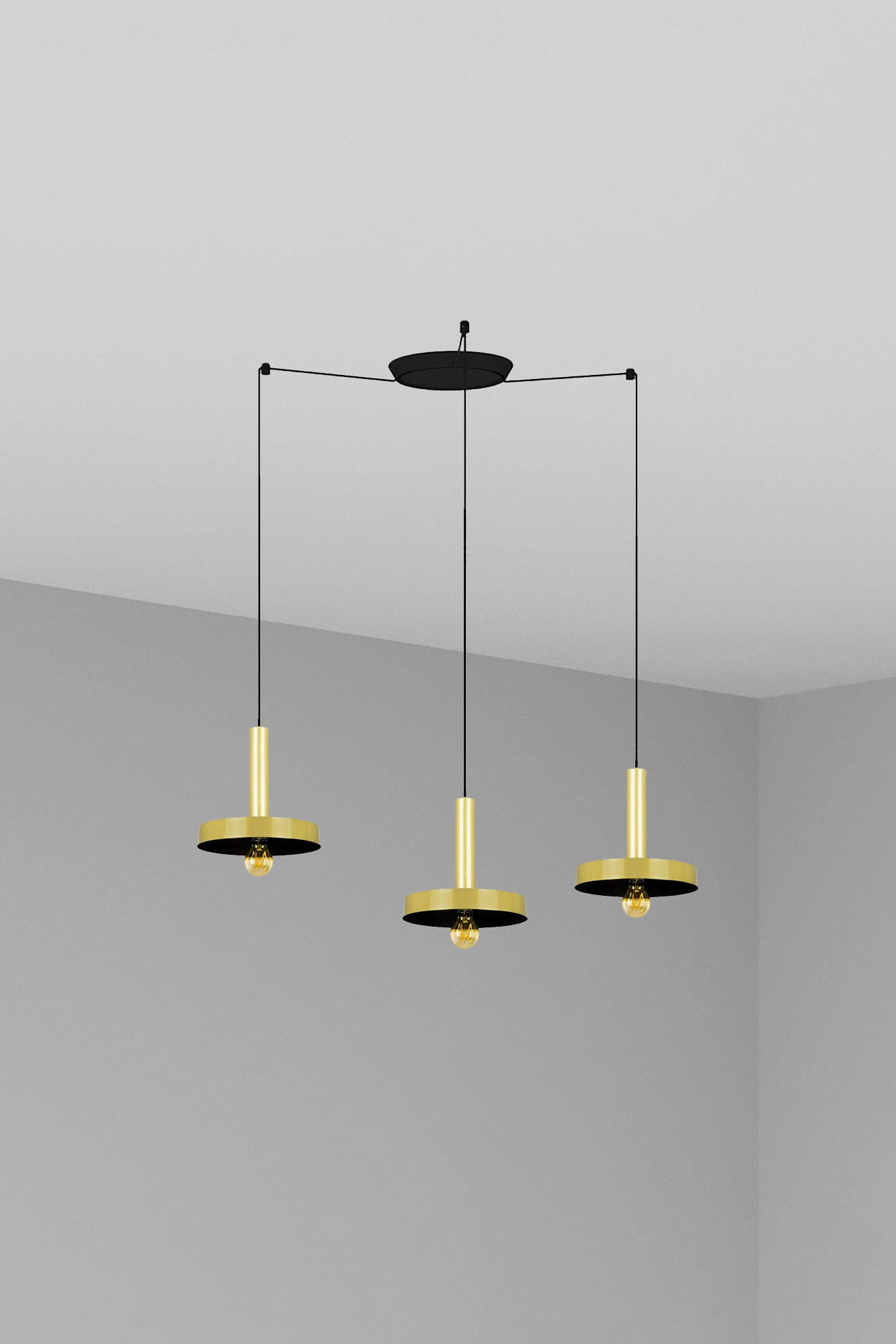 Luminaria colgante WHIZZ 3L oro satinado y negro FARO modelo 20161-3L, diseño moderno de acero para iluminación interior en suspensión, colección 2016 hogar y oficina