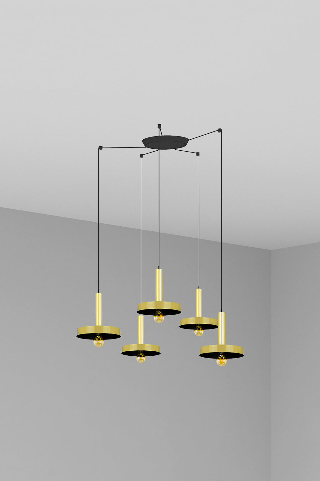 Luminaria de suspensión WHIZZ 5L en oro satinado y negro de FARO 20161-5L, diseño moderno de acero para iluminación interior del hogar con 5 luces