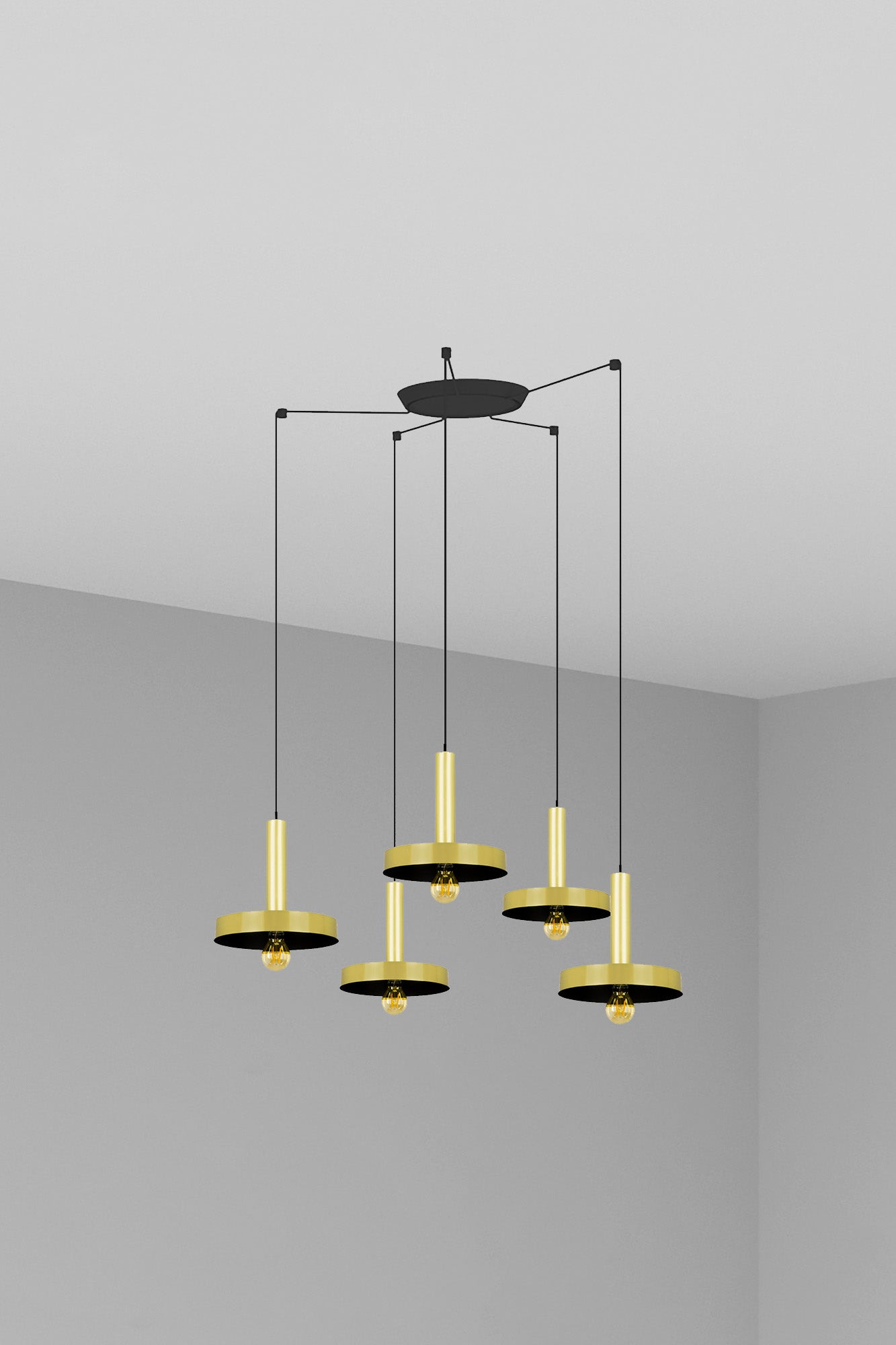 Luminaria de suspensión WHIZZ 5L en oro satinado y negro de FARO 20161-5L, diseño moderno de acero para iluminación interior del hogar con 5 luces