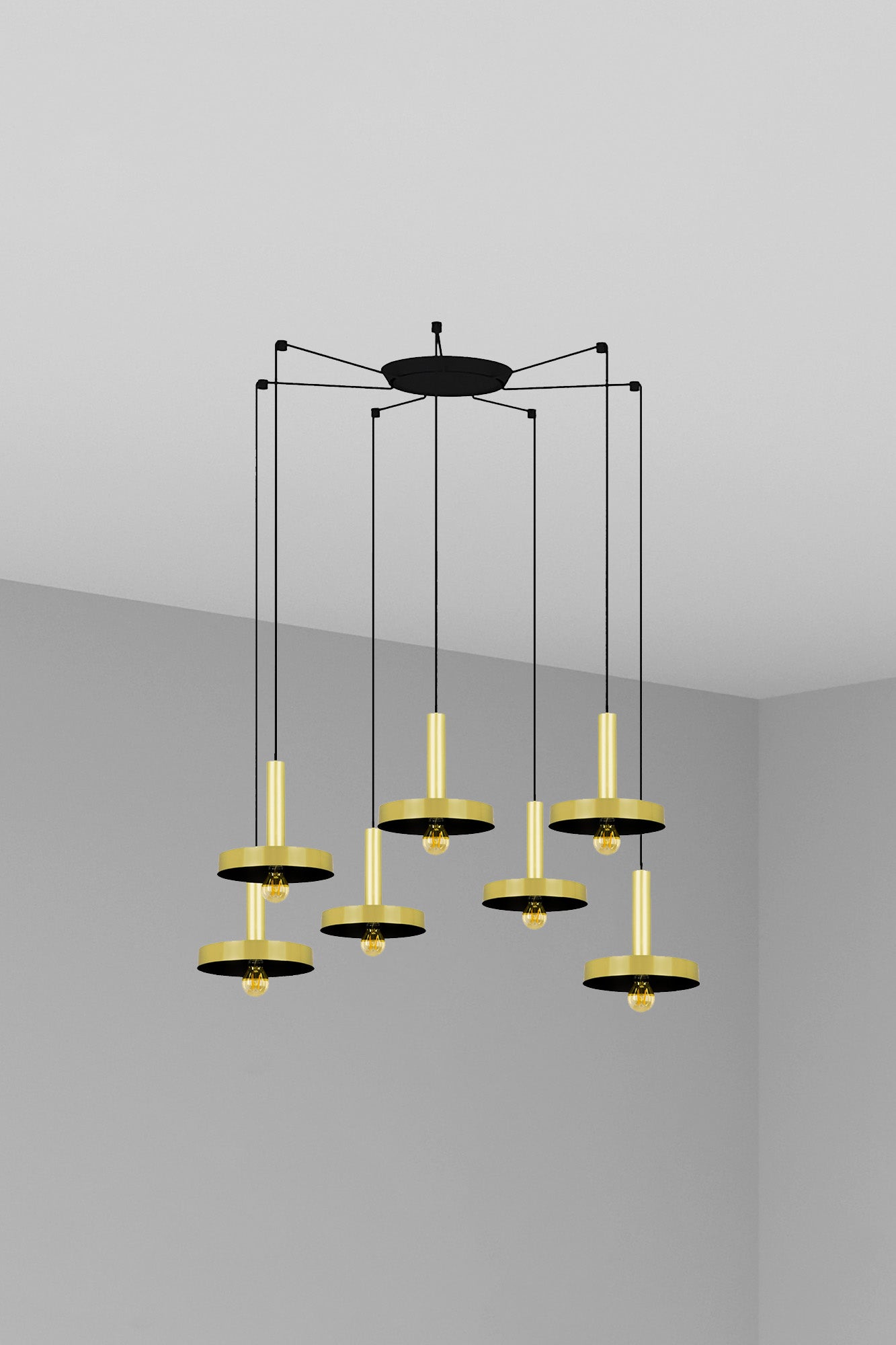 Luminaria colgante WHIZZ 7L oro satinado y negro de FARO, diseño moderno de suspensión interior en acero para iluminación LED en hogar, modelo 20161-7L colección 2016