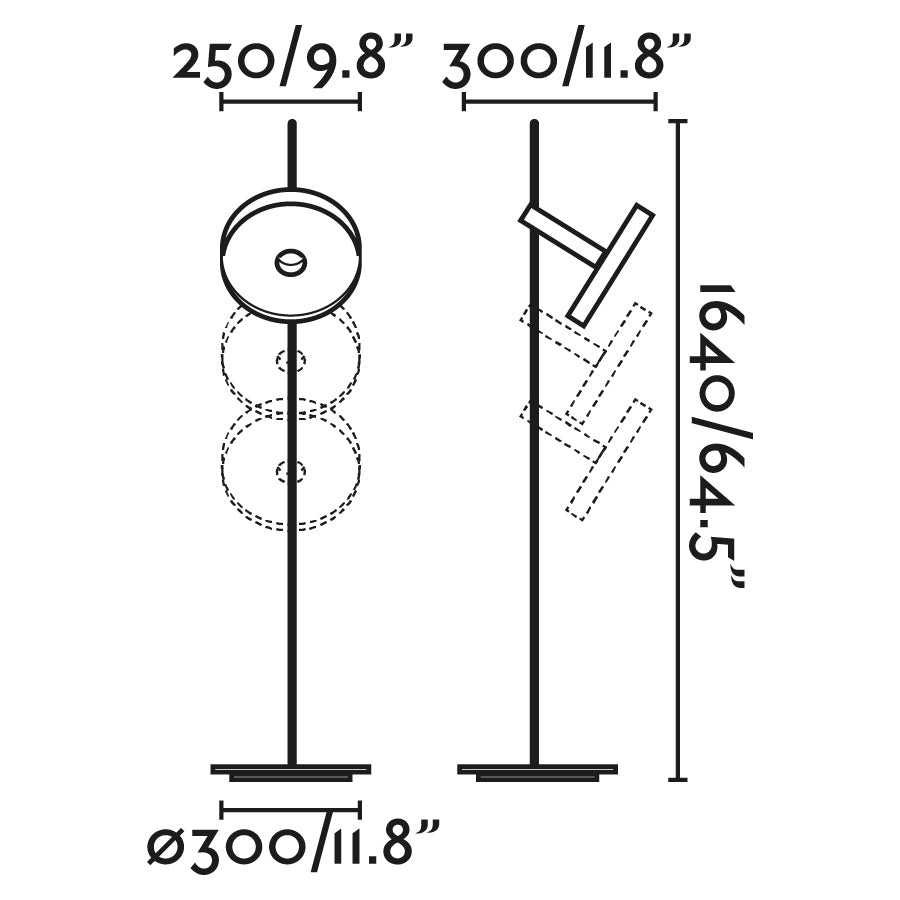 Diagrama de medidas lámpara de pie WHIZZ negra/oro FARO 20164-95, diseño moderno en acero para iluminación salón interior, luminaria superficie Christoph Friedrich Wagner