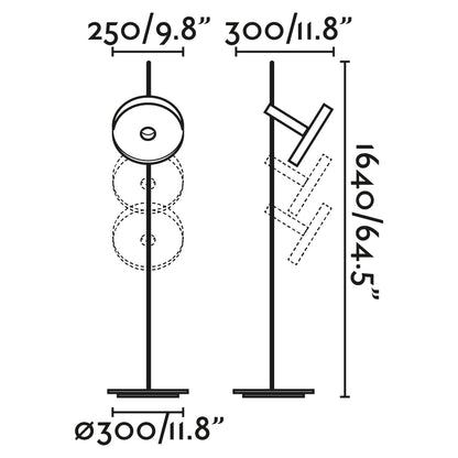 Diagrama de medidas de la lámpara de pie WHIZZ oro/negro FARO 20164-96-US, diseño moderno de acero con oro satinado para iluminación interior