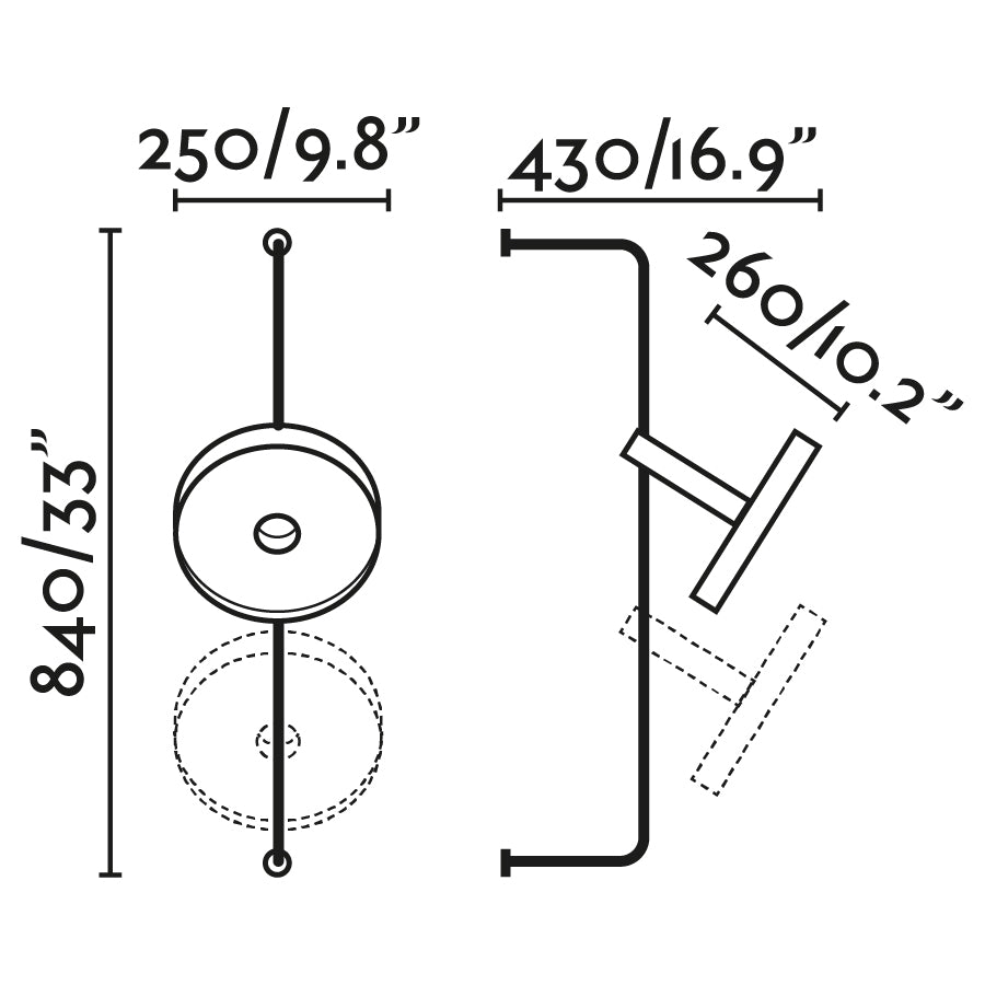 Medidas detalladas del aplique de pared WHIZZ Oro/Negra FARO 20165-96, luminaria superficial interior en acero oro satinado, diseño moderno de Christoph Friedrich Wagner