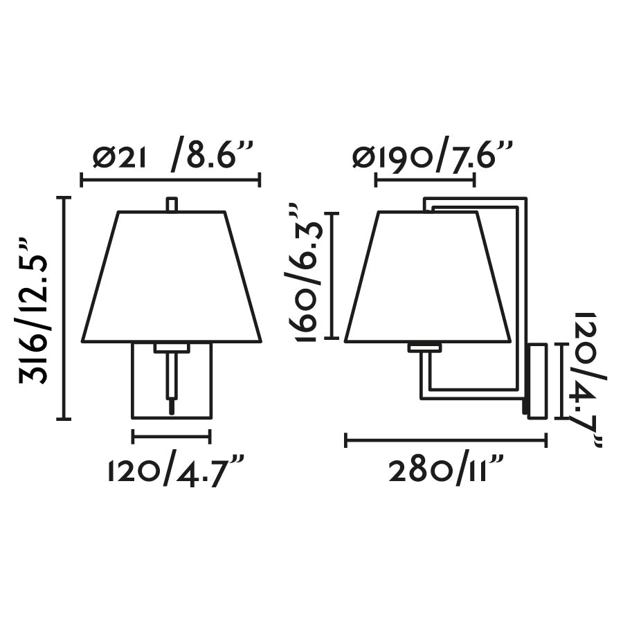 Diagrama de medidas del aplique de pared FRAME en níquel mate y beige de FARO, modelo 20170-02, luminaria interior de acero y textil para dormitorio o hotel