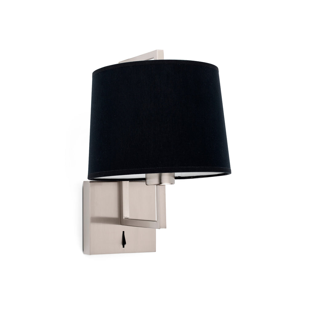 Aplique de pared FRAME níquel mate/negro FARO 20170-03, luminaria superficie interior en acero y textil para dormitorio o hotel, iluminación moderna.