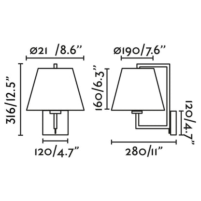 Medidas detalladas de aplique luminaria de pared FRAME en oro viejo mate y negro, modelo 20171-03 de FARO, colección 2017, acero para interior, dormitorio y hotel, aplicación de superficie