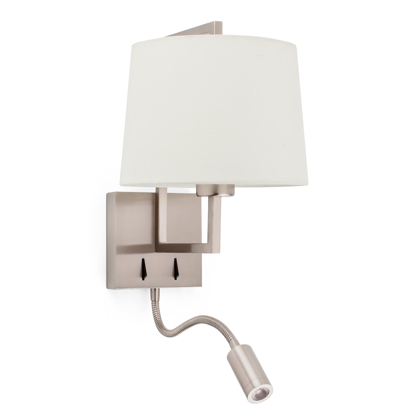 Luminaria de pared FRAME en níquel mate y beige con LED integrada, modelo 20172-02 de FARO, ideal para iluminación funcional en dormitorios, hoteles e interiores.