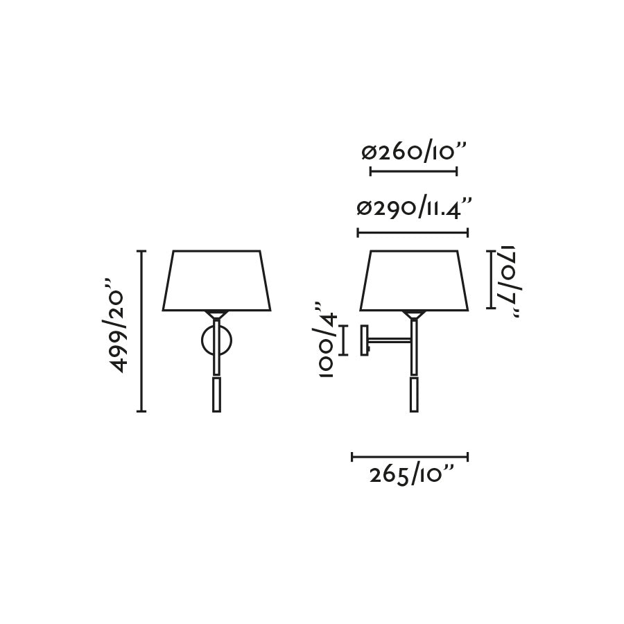 Medidas detalladas del applique de pared Windsor con lector en negro mate y gris de FARO, modelo 20223-129, luminaria de superficie para iluminación ambiente y de lectura interior en acero textil, colección 2022.