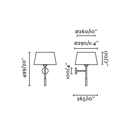 Medidas detalladas del applique de pared Windsor con lector en negro mate y gris de FARO, modelo 20223-129, luminaria de superficie para iluminación ambiente y de lectura interior en acero textil, colección 2022.