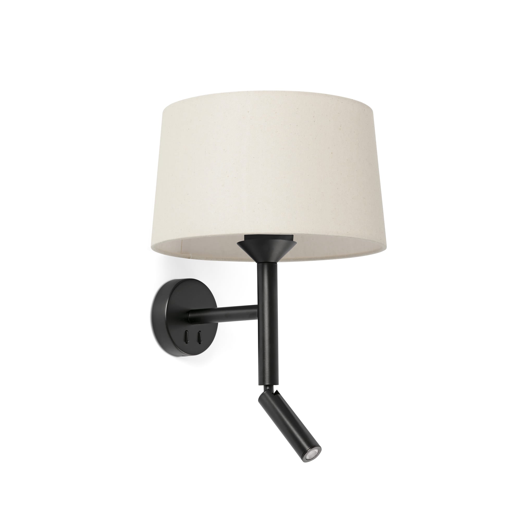 Aplique de pared Windsor FARO 20223-150 en negro mate con pantalla de lino, lector integrado de acero para iluminación ambiente interior.