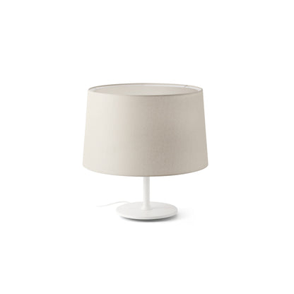 Lámpara de sobremesa Windsor blanca con pantalla de lino blanco roto por FARO, modelo 20226-151, iluminación ambiente interior en blanco mate y acero