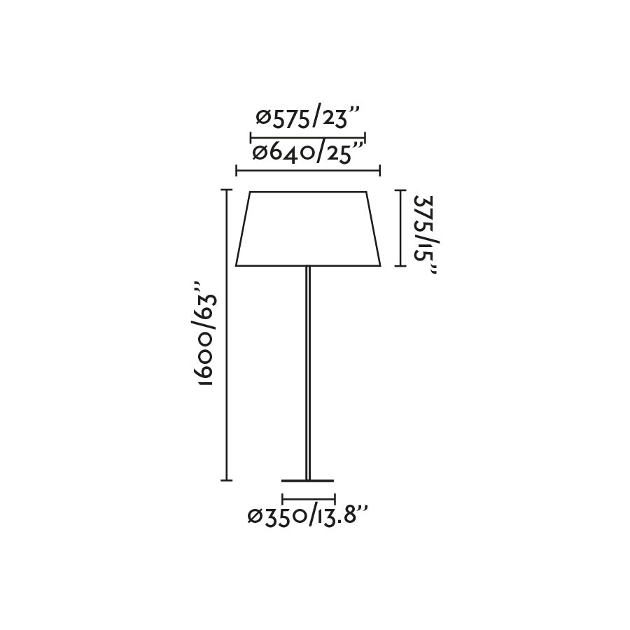 Diagrama de medidas y dimensiones de la lámpara de pie WINDSOR negra y gris, modelo 20227-131 de FARO, luminaria interior de acero y textil para iluminación ambiente en hoteles y restaurantes.