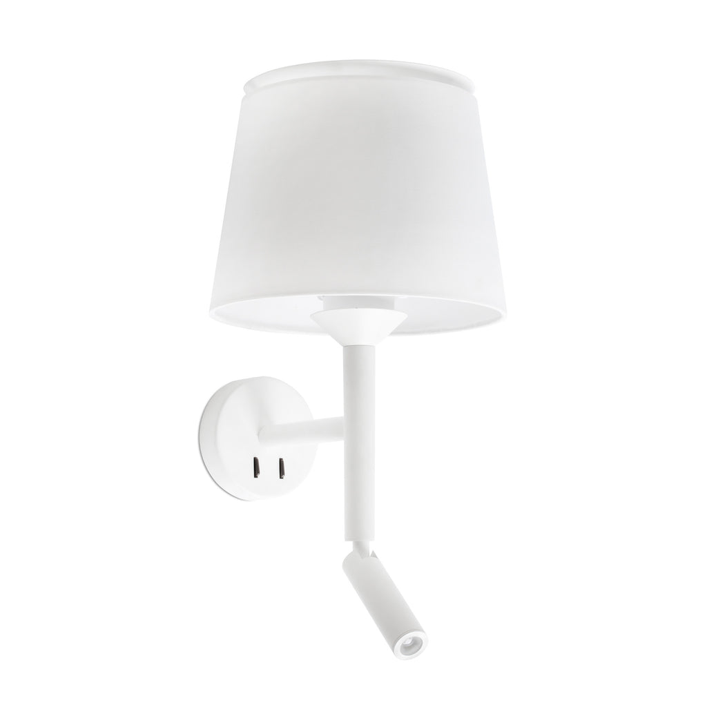 Aplique de pared SAVOY con lector LED blanco de FARO, modelo 20302-92, luminaria interior para lectura con difusor textil blanca