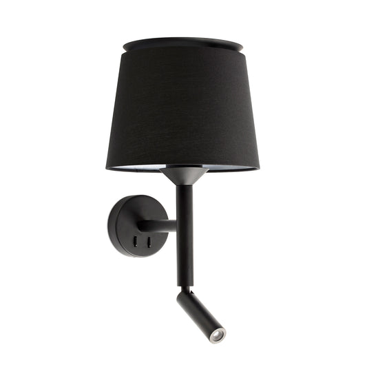 Luminaria aplique de pared SAVOY en negro/negro de FARO, modelo 20303-93 serie 2045, diseño modernista en acero y textil para iluminación ambiente de lectura interior