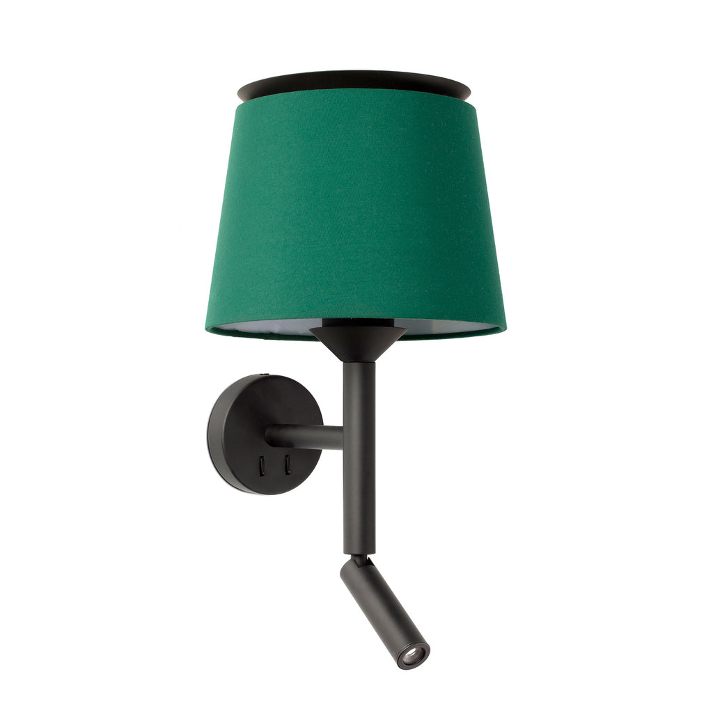 Aplique de pared SAVOY en negro mate y verde de FARO modelo 20303-94, luminaria interior con lector LED, textil y acero, diseño Isaac Piñeiro para iluminación de lectura