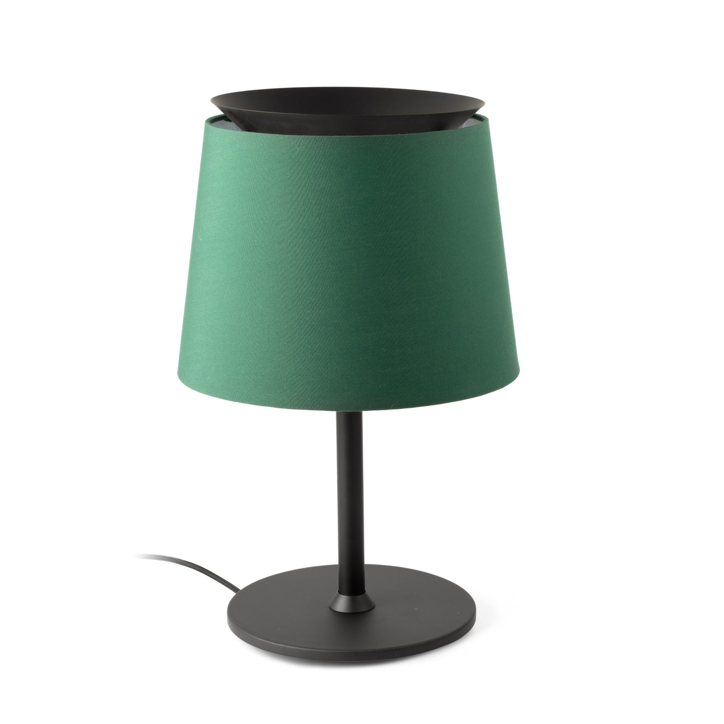 Lámpara de sobremesa Savoy de Faro en negro y verde, diseño Isaac Piñeiro con base acero y pantalla textil LED, modelo 20305-84