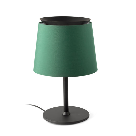 Lámpara de sobremesa Savoy de Faro en negro y verde, diseño Isaac Piñeiro con base acero y pantalla textil LED, modelo 20305-84