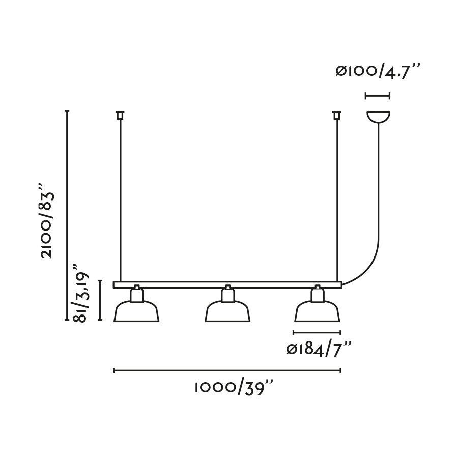 Medidas detalladas de la lámpara colgante lineal TATAWIN LINEAL S de FARO modelo 20338-116, cristal blanco opal, estructura negro satinado, diseño moderno de Adolfo Abejón para interior, hogar y oficina