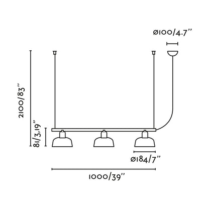 Diagrama de medidas y dimensiones de la lámpara colgante TATAWIN S metal 3L negra de FARO (modelo 20338-141), acero, diseño clásico, iluminación focal interior con 3 bombillas E27 LED y suspensión ajustable.