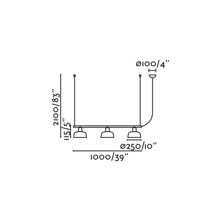 Medidas detalladas de la Lámpara Colgante TATAWIN M de metal, 3 luces, color Naranja Rojizo, modelo 20338-148 de FARO, Colección 2047, diseño clásico en acero para interior e iluminación focal