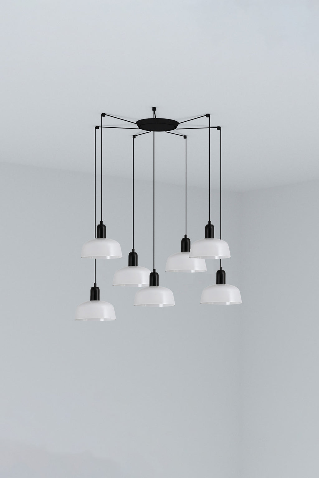 Luminaria de suspensión Tatawin S 7L con cristal blanco opal de FARO, iluminación LED interior en acero, colección 2047 para hogar y restauración.