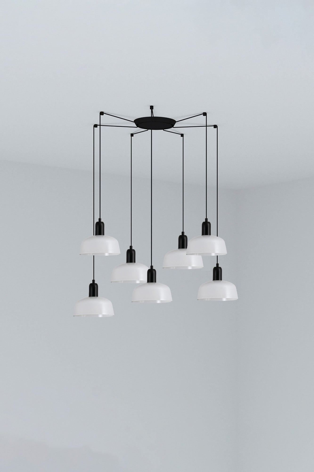 Luminaria de suspensión Tatawin S 7L con cristal blanco opal de FARO, iluminación LED interior en acero, colección 2047 para hogar y restauración.