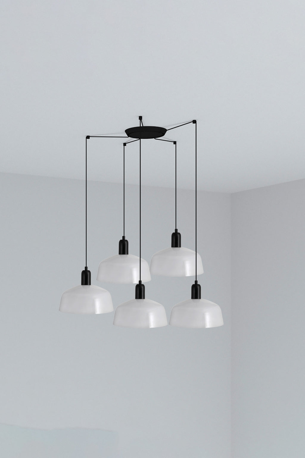 Luminaria colgante TATAWIN M 5L de cristal blanco opal y acero negro FARO, colección 2047, ideal para iluminación interior en hogar y restauración