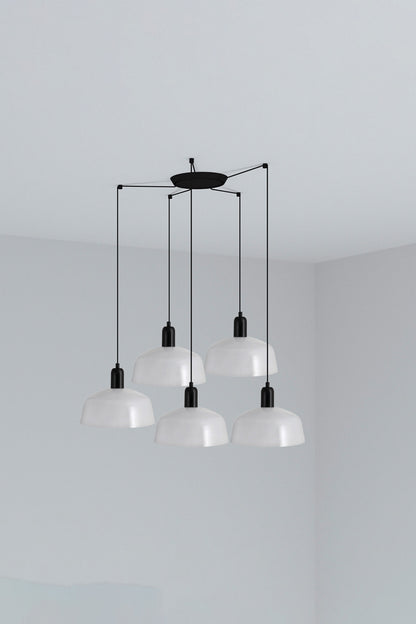 Luminaria colgante TATAWIN M 5L de cristal blanco opal y acero negro FARO, colección 2047, ideal para iluminación interior en hogar y restauración