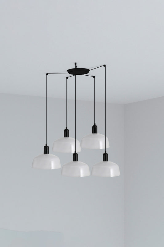 Luminaria colgante TATAWIN M 5L de cristal blanco opal y acero negro FARO, colección 2047, ideal para iluminación interior en hogar y restauración
