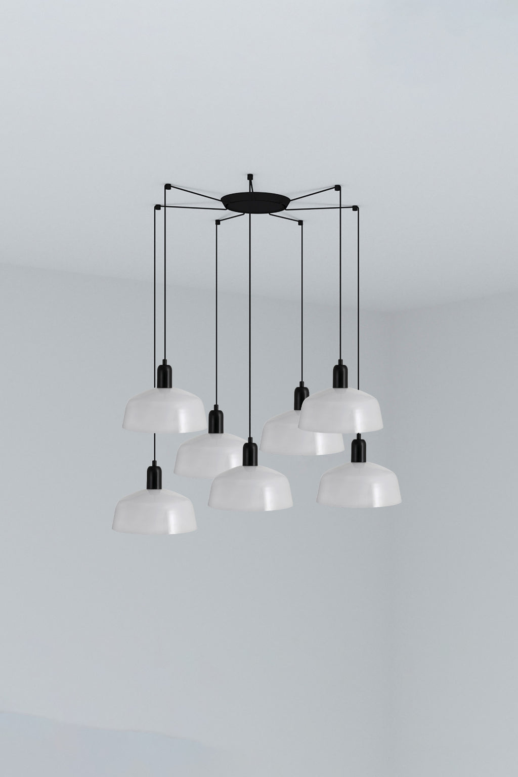 Luminaria colgante TATAWIN M 7L cristal opal blanco y acero negro, modelo FARO 20340-119-7L para interior, hogar y negocios, compatible con bombillas E27 LED