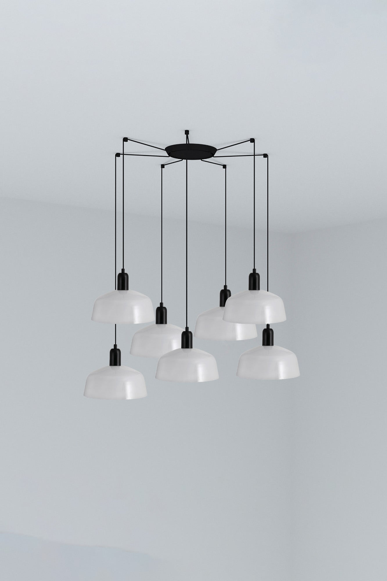 Luminaria colgante TATAWIN M 7L cristal opal blanco y acero negro, modelo FARO 20340-119-7L para interior, hogar y negocios, compatible con bombillas E27 LED