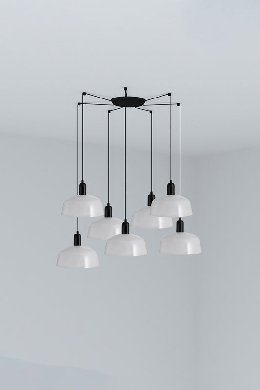 Luminaria colgante TATAWIN M 7L cristal opal blanco y acero negro, modelo FARO 20340-119-7L para interior, hogar y negocios, compatible con bombillas E27 LED