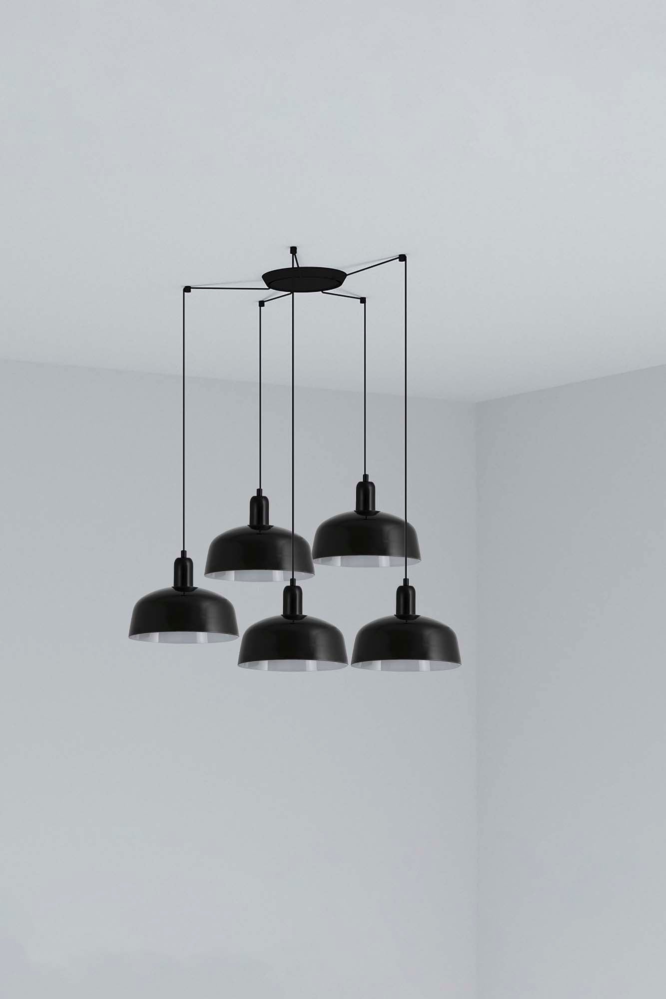 Lámpara colgante Tatawin M de 5 luces con cristal negro brillante, luminaria de suspensión FARO modelo 20340-120-5L, diseño exótico en acero y cristal para hogar y negocios interiores.