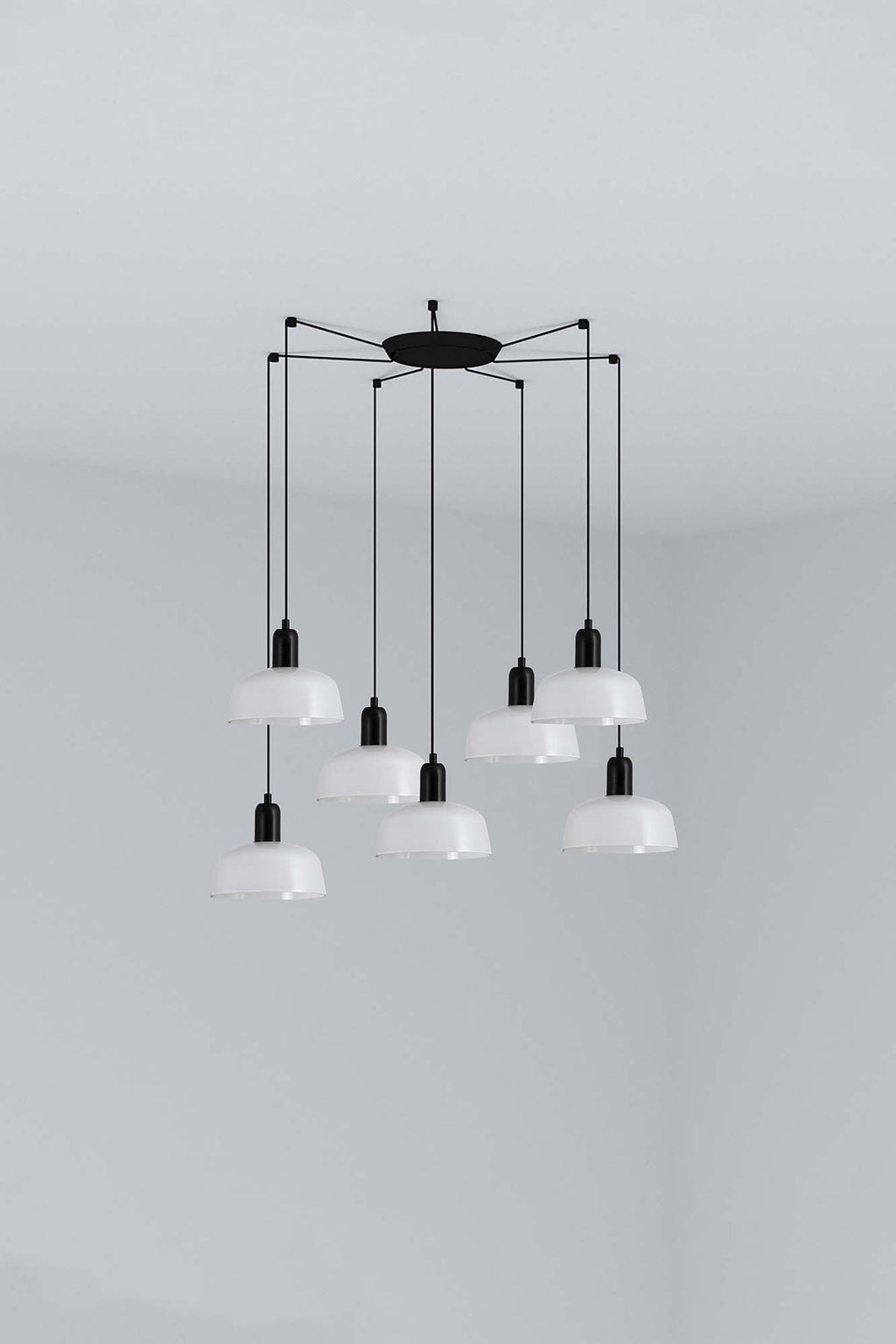 Lámpara colgante TATAWIN S de metal blanco brillo, 7 luces E27 LED, diseño clásico de Adolfo Abejón, luminaria suspensión interior FARO acero