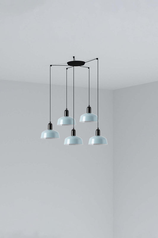 Lámpara colgante TATAWIN S metal 5L azul grisáceo FARO, diseño clásico acero suspensión LED E27 iluminación focal interior hogar moderno