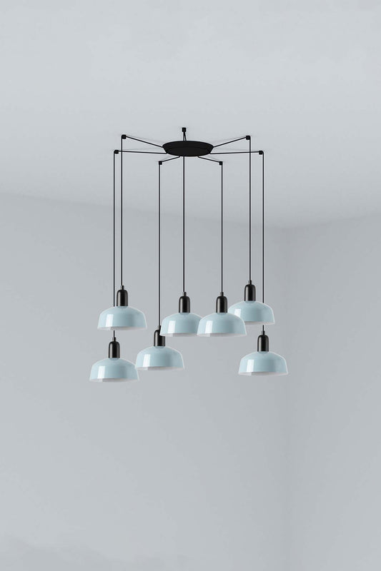 Lámpara colgante TATAWIN S metal 7L azul grisáceo negro satinado FARO 20340-142-7L luminaria suspensión interior acero E27 LED techo