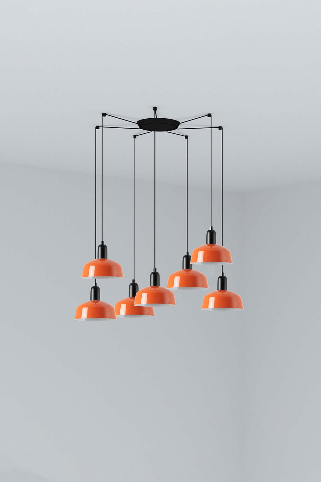 Lámpara colgante Tatawin S de metal en naranja rojizo, 7 luces E27 LED, diseño clásico FARO para iluminación focal interior en acero.