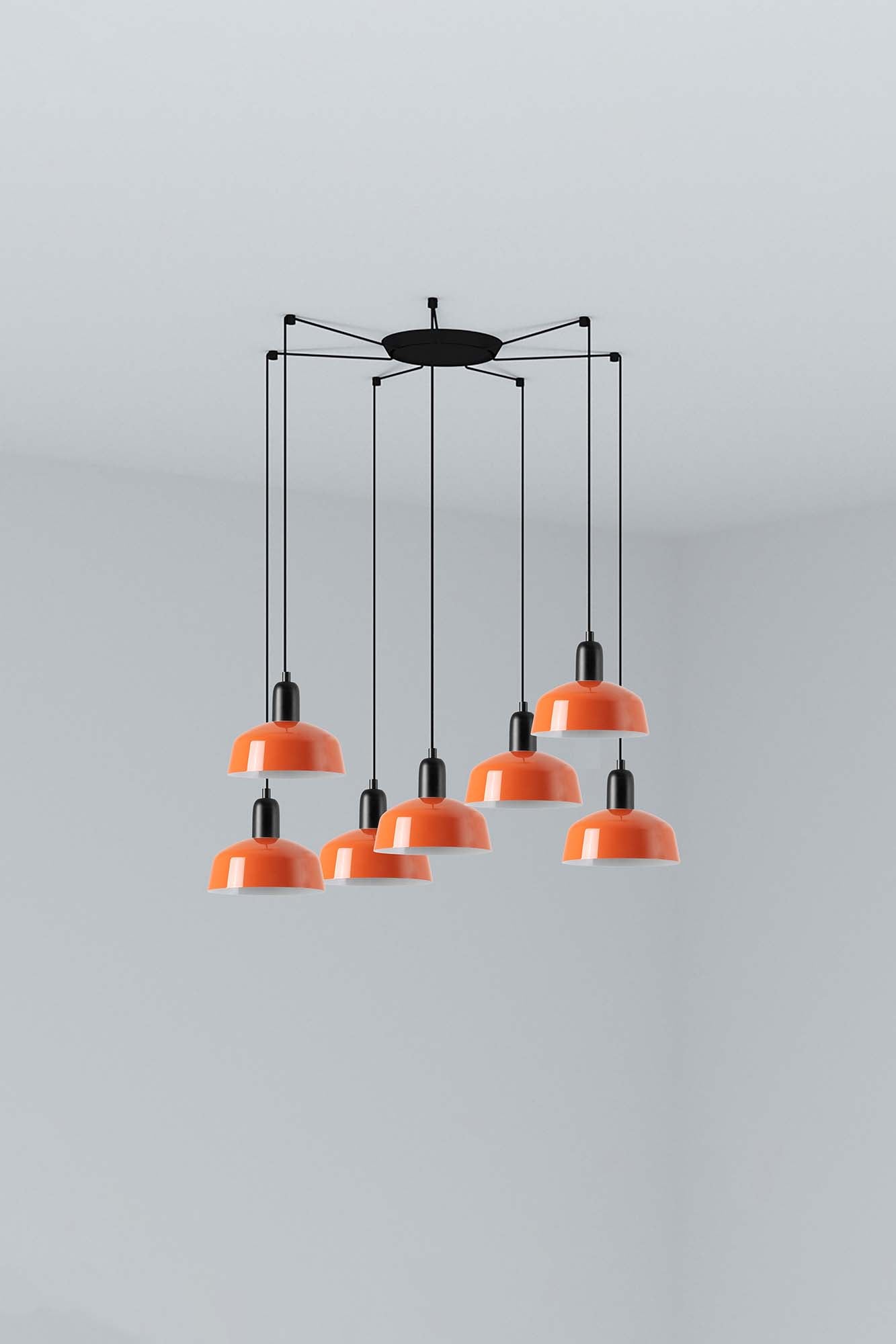 Lámpara colgante Tatawin S de metal en naranja rojizo, 7 luces E27 LED, diseño clásico FARO para iluminación focal interior en acero.