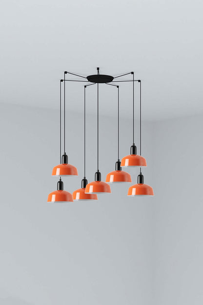 Lámpara colgante Tatawin S de metal en naranja rojizo, 7 luces E27 LED, diseño clásico FARO para iluminación focal interior en acero.